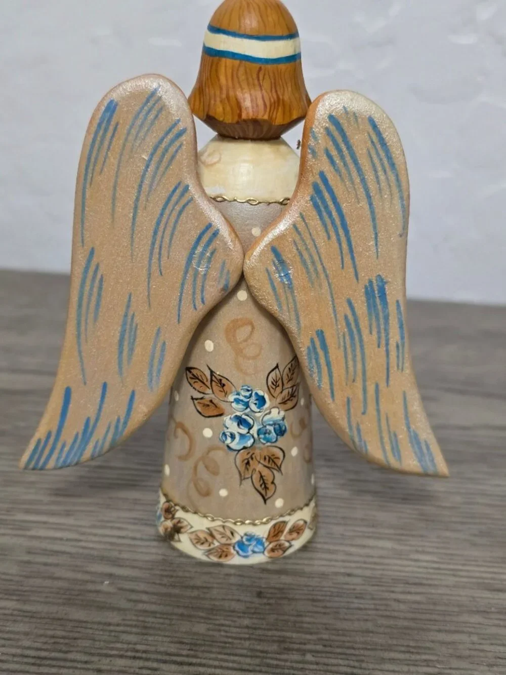 Russian Hand Painted Wooden Angel Blue and Gold Floral Folk Art Signed 5